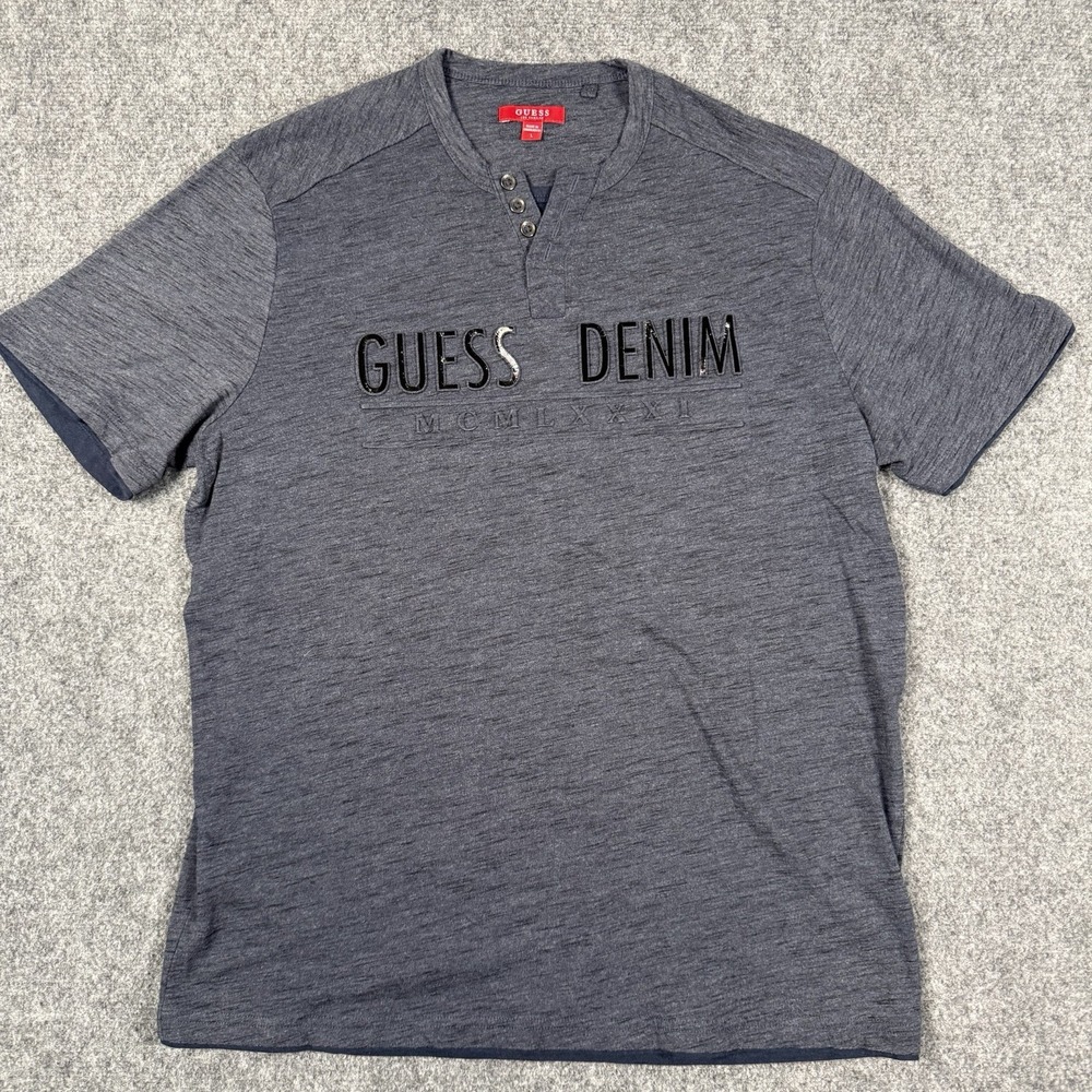 👕 GUESS Denim Mens L Henley Shirt Gray Short Sleeve Graphic